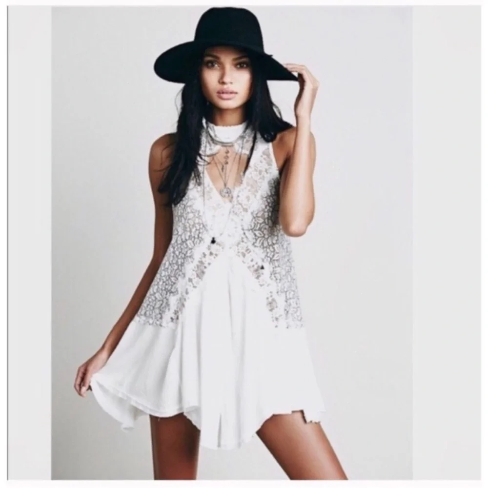 Free People New Tell Tale Lace Tunic XS White Black